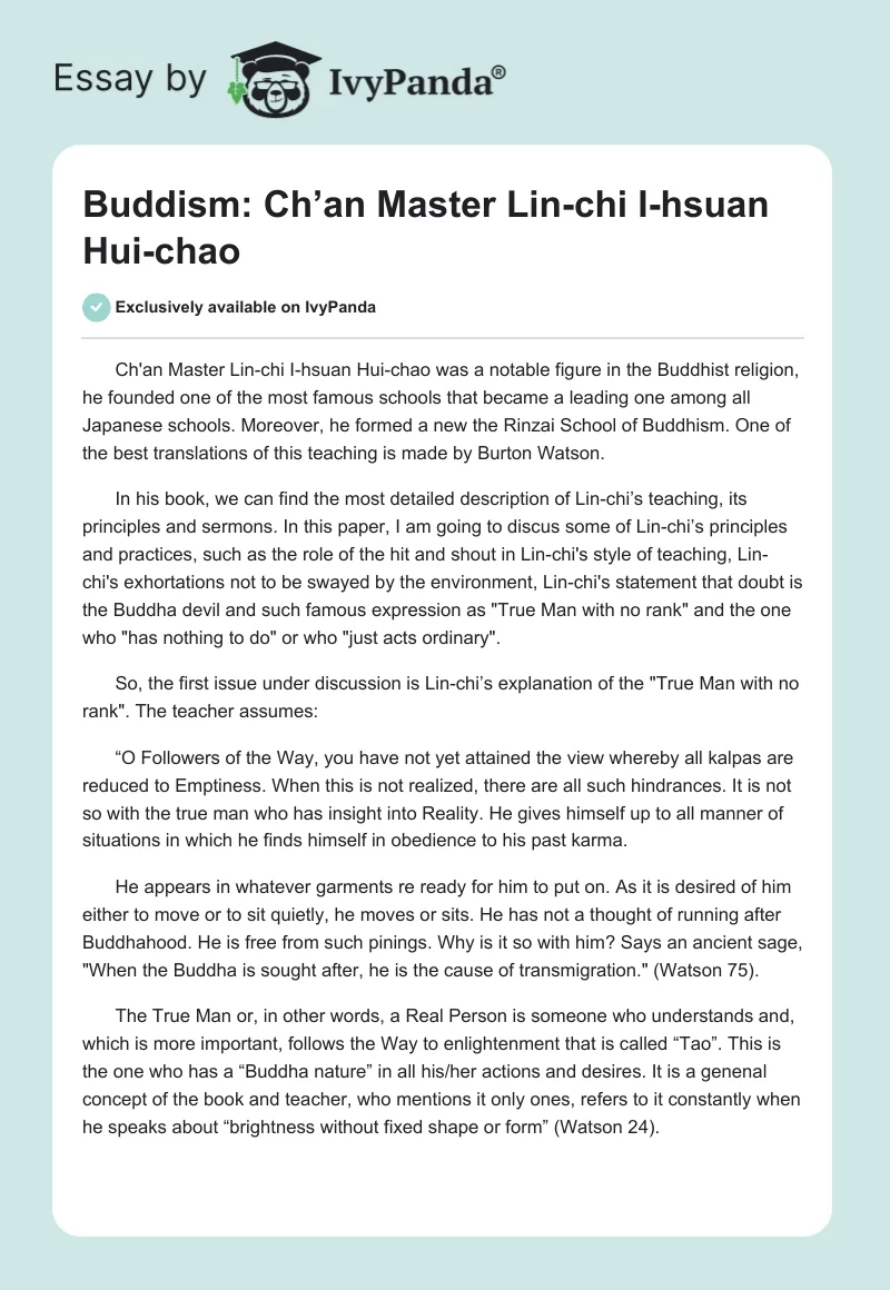 Buddism: Ch’an Master Lin-chi I-hsuan Hui-chao. Page 1
