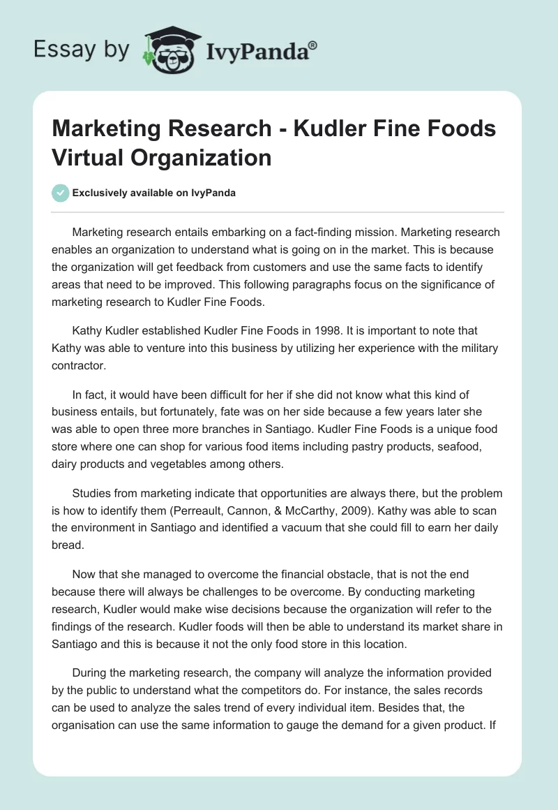 Marketing Research - Kudler Fine Foods Virtual Organization. Page 1