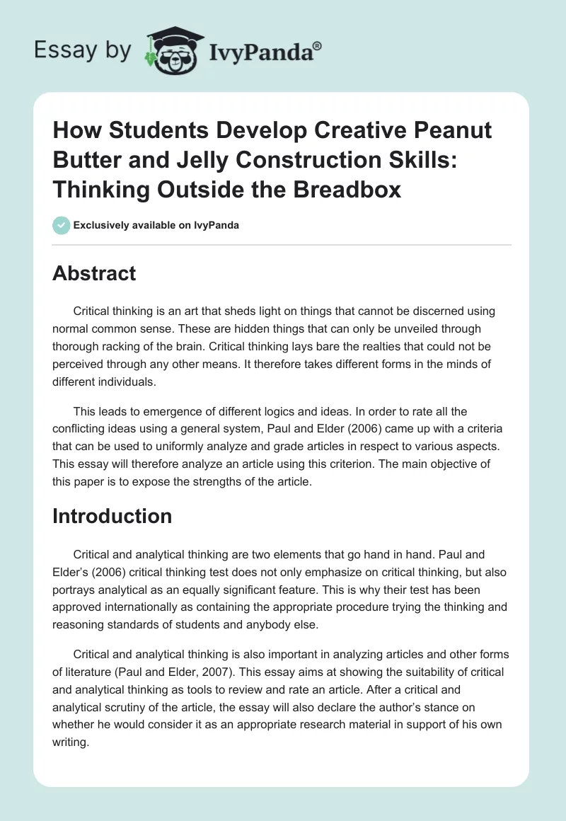 How Students Develop Creative Peanut Butter and Jelly Construction Skills: Thinking Outside the Breadbox. Page 1