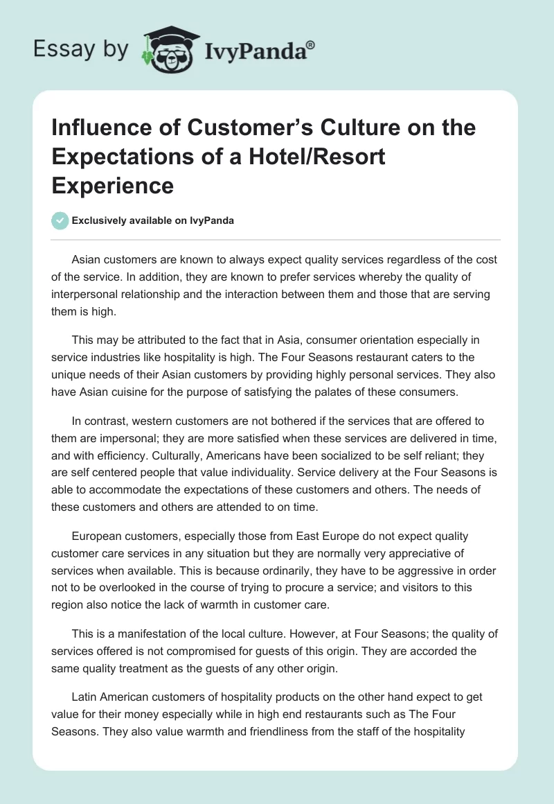 Influence of Customer’s Culture on the Expectations of a Hotel/Resort Experience. Page 1