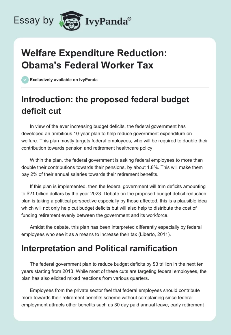 Welfare Expenditure Reduction: Obama's Federal Worker "Tax". Page 1