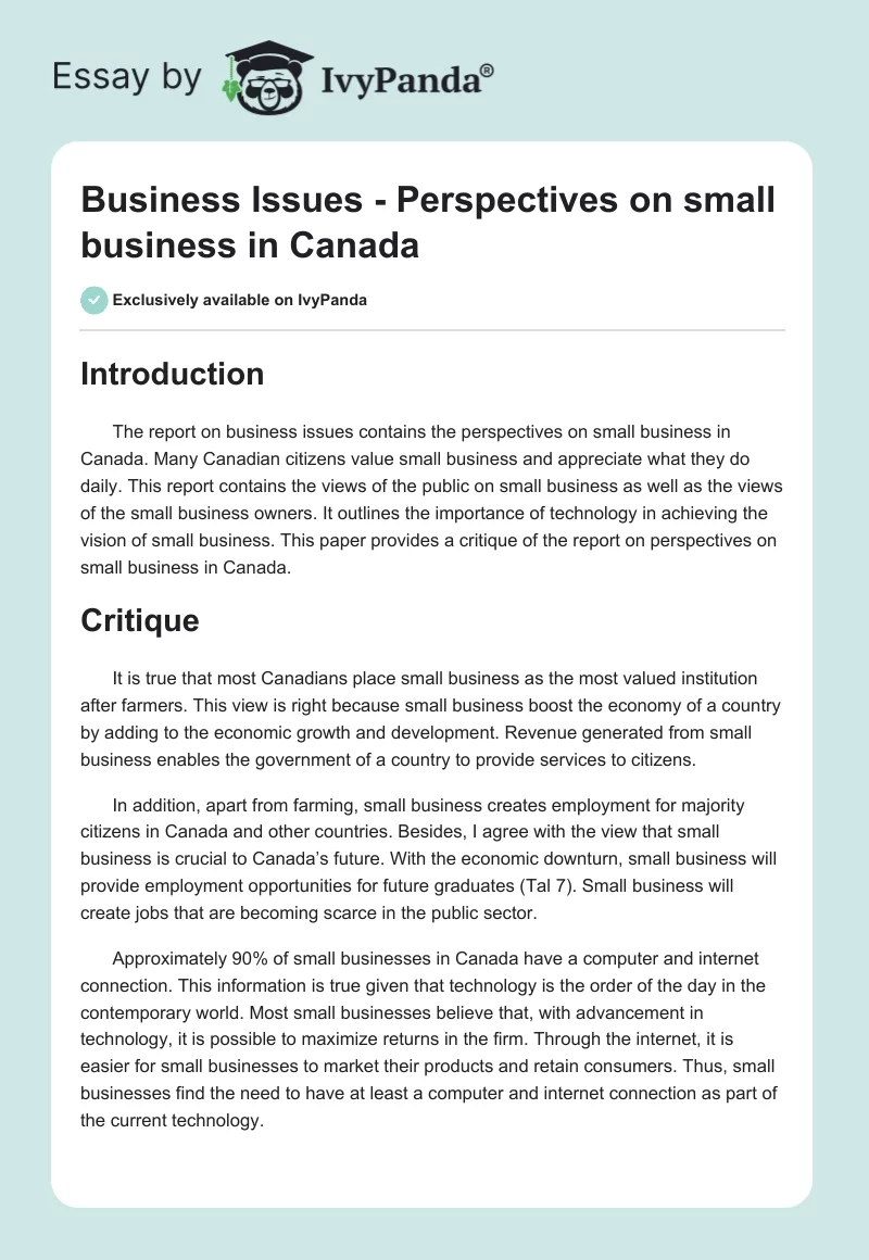 Business Issues - Perspectives on small business in Canada. Page 1