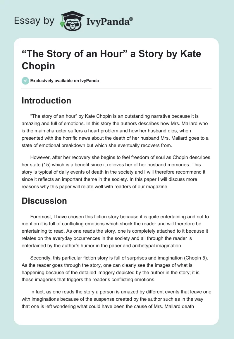 “The Story of an Hour” a Story by Kate Chopin. Page 1