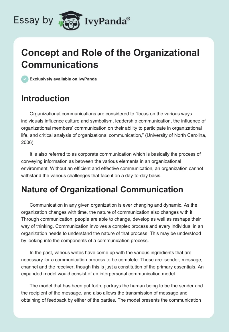 Concept and Role of the Organizational Communications. Page 1