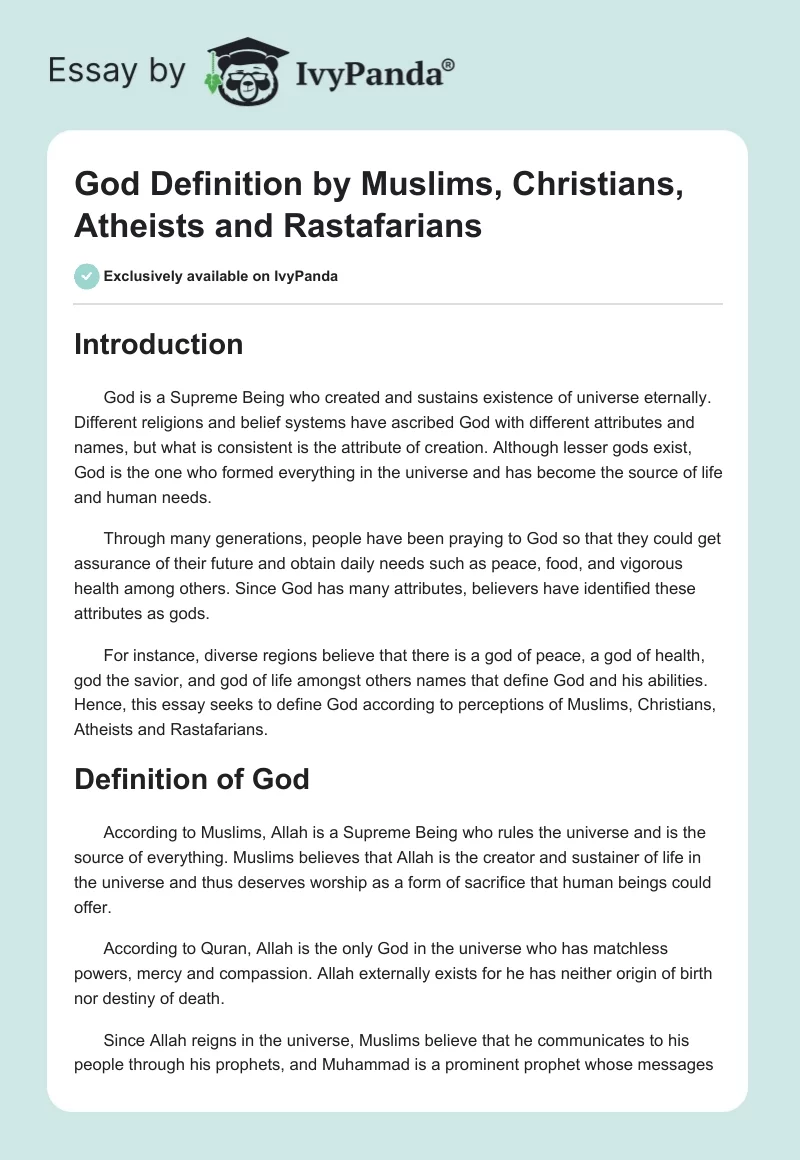 God Definition by Muslims, Christians, Atheists and Rastafarians. Page 1