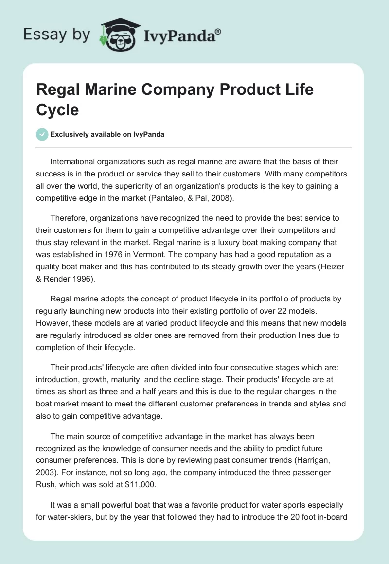 Regal Marine Company Product Life Cycle. Page 1
