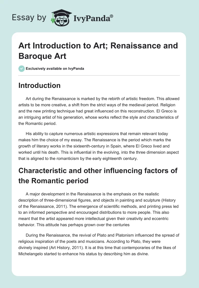 Art Introduction to Art; Renaissance and Baroque Art. Page 1