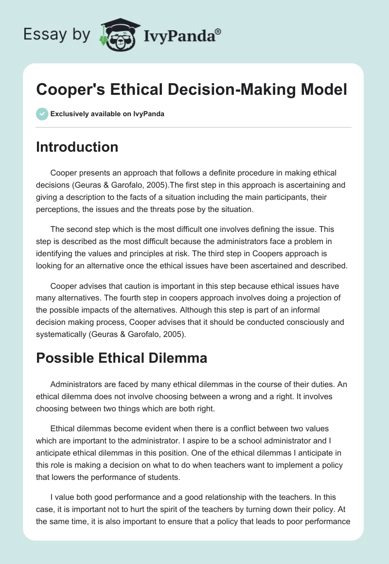 Cooper's Ethical Decision-Making Model. Page 1