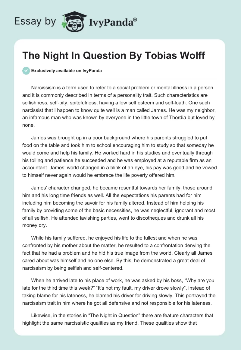 The Night In Question By Tobias Wolff. Page 1