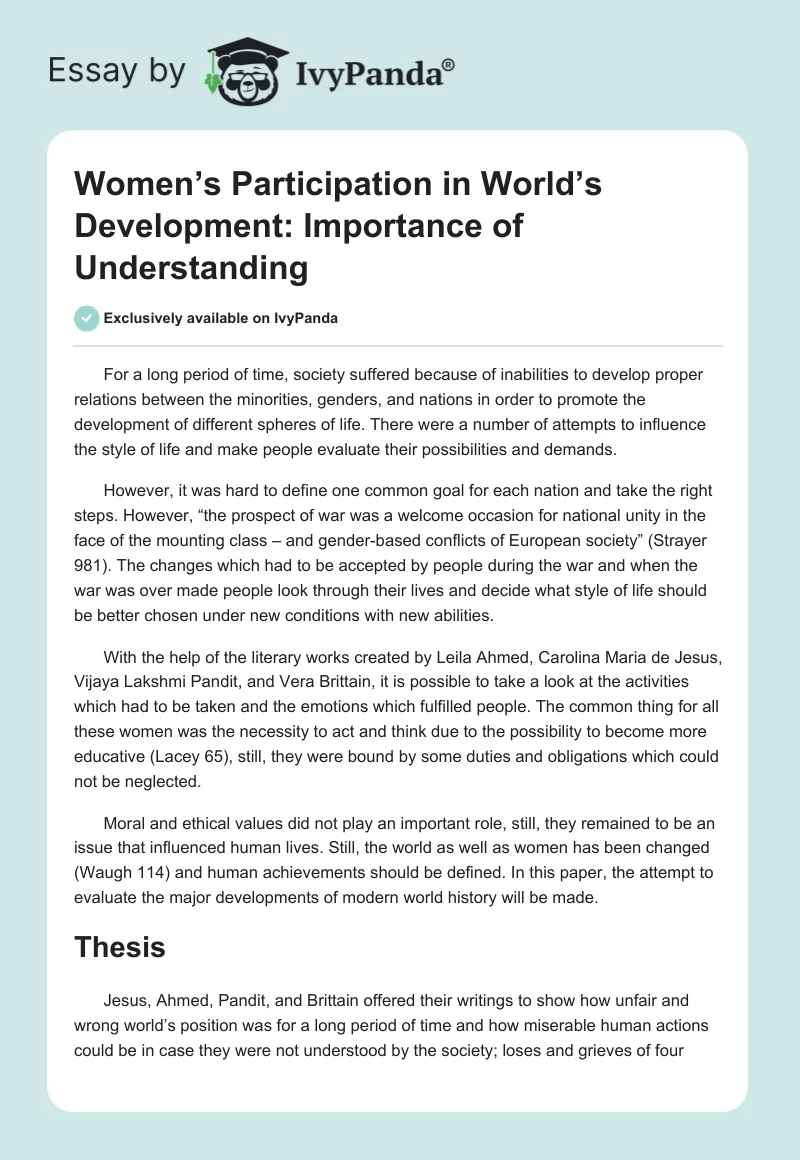 Women’s Participation in World’s Development: Importance of Understanding. Page 1