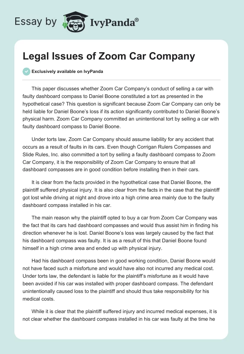 Legal Issues of Zoom Car Company. Page 1