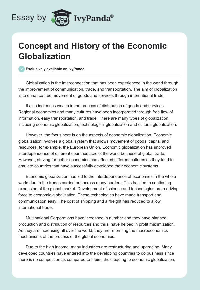 Concept and History of the Economic Globalization. Page 1