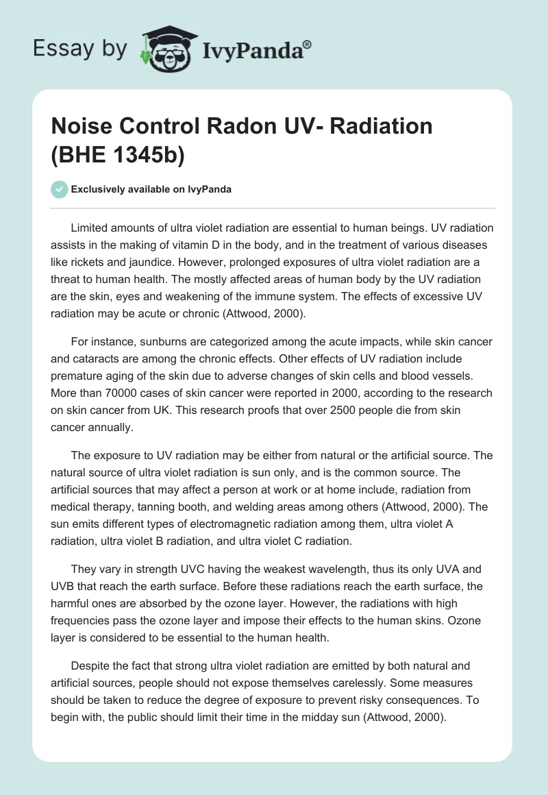 Noise Control Radon UV- Radiation (BHE 1345b). Page 1
