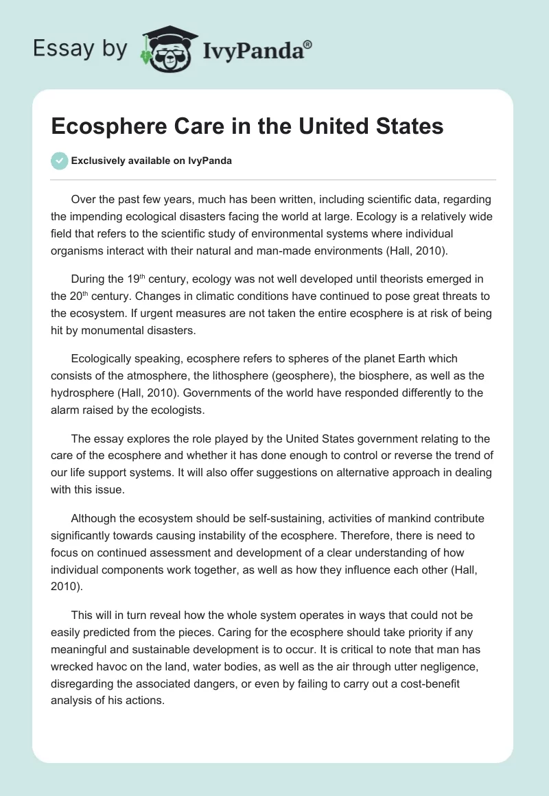 Ecosphere Care in the United States. Page 1