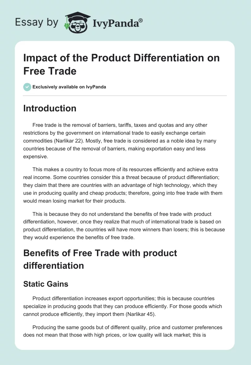 Impact of the Product Differentiation on Free Trade . Page 1