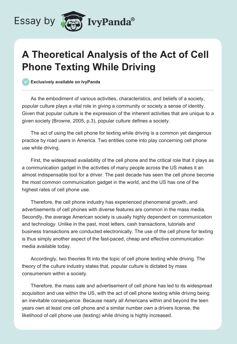 A Theoretical Analysis of the Act of Cell Phone Texting While Driving. Page 1