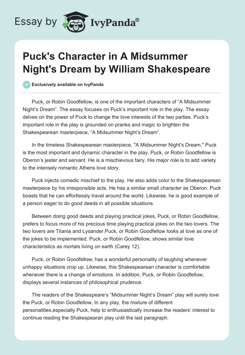 Puck's Character in "A Midsummer Night's Dream" by William Shakespeare. Page 1