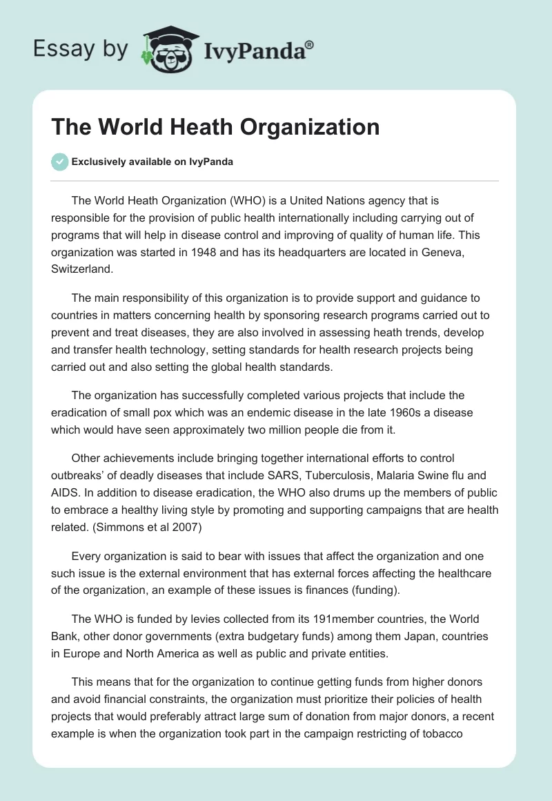 The World Heath Organization. Page 1
