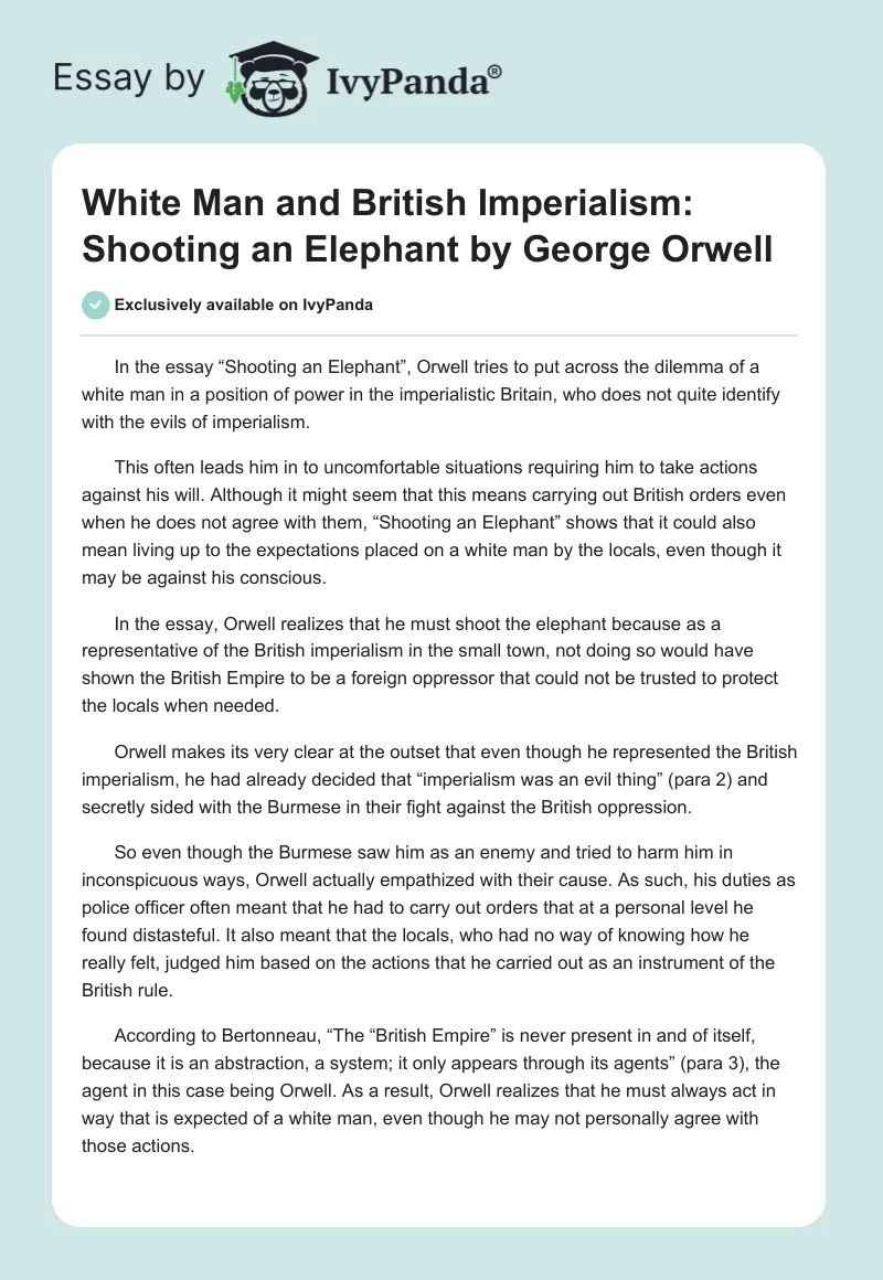 White Man and British Imperialism: "Shooting an Elephant" by George Orwell. Page 1