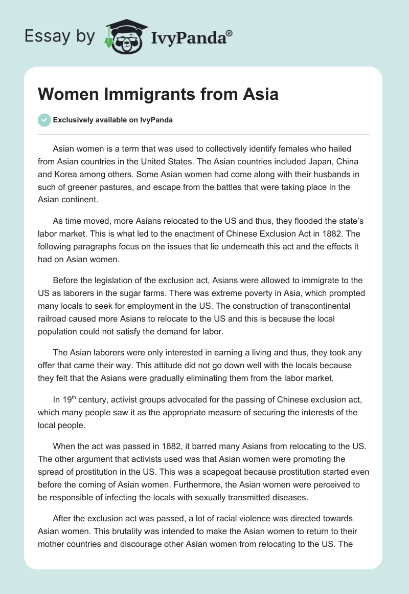 Women Immigrants from Asia. Page 1