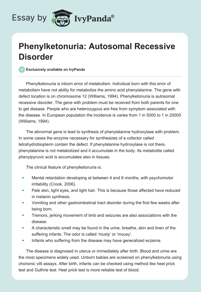 Phenylketonuria: Autosomal Recessive Disorder. Page 1