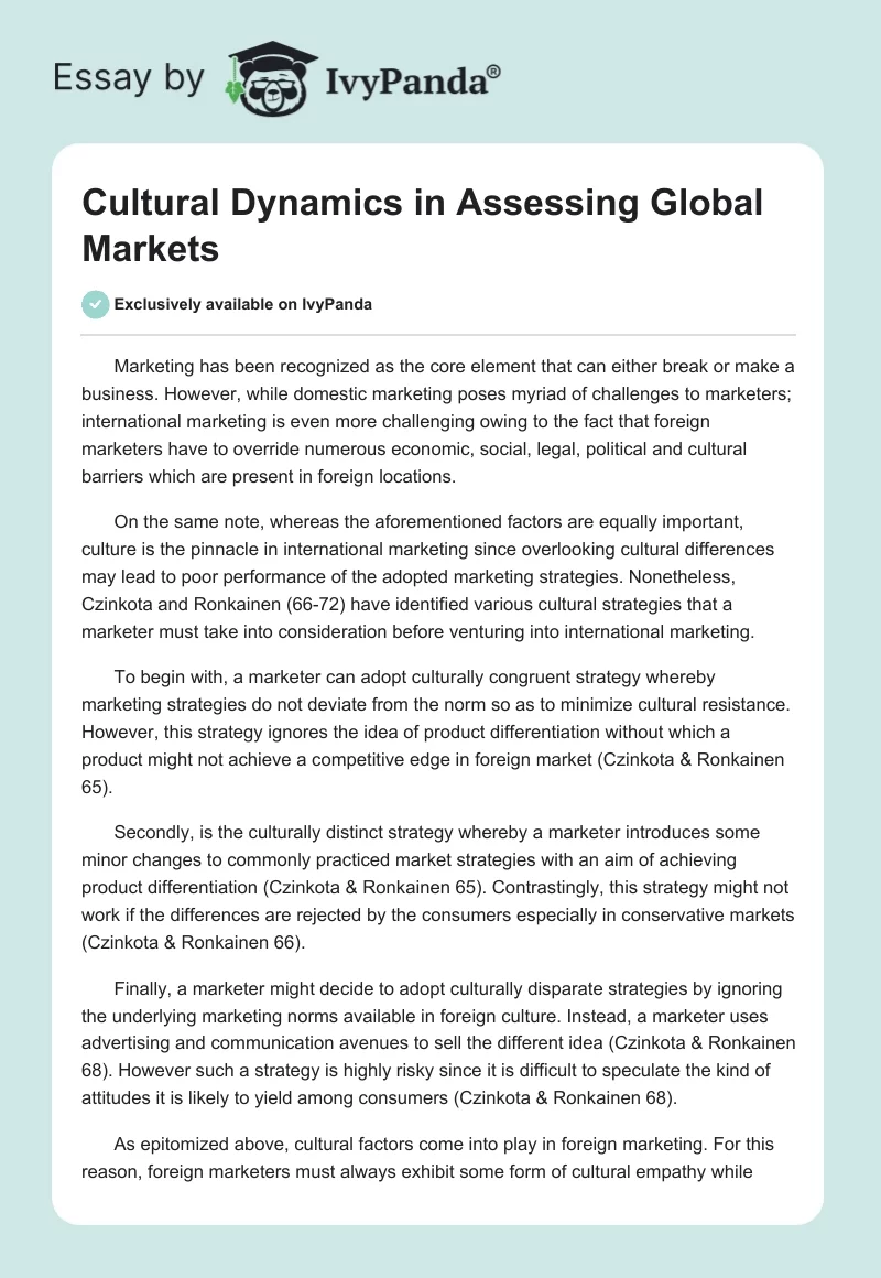 Cultural Dynamics in Assessing Global Markets. Page 1