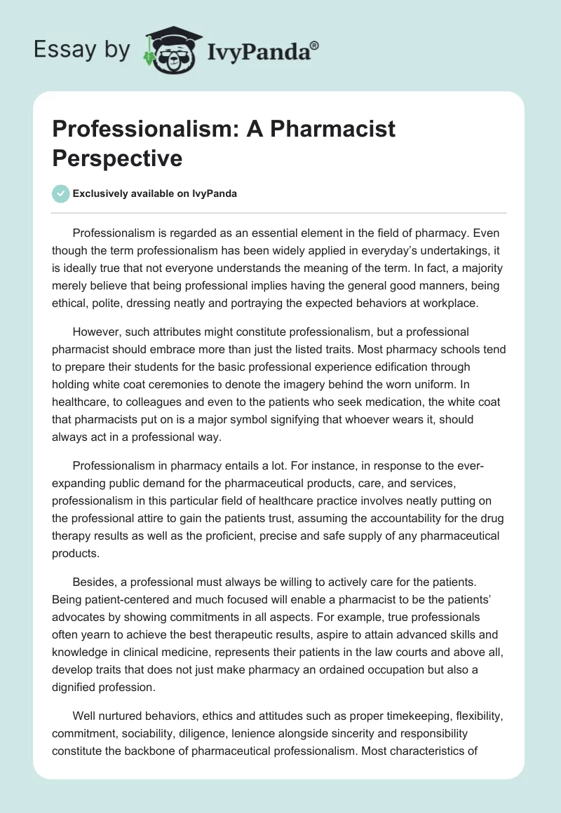Professionalism: A Pharmacist Perspective. Page 1