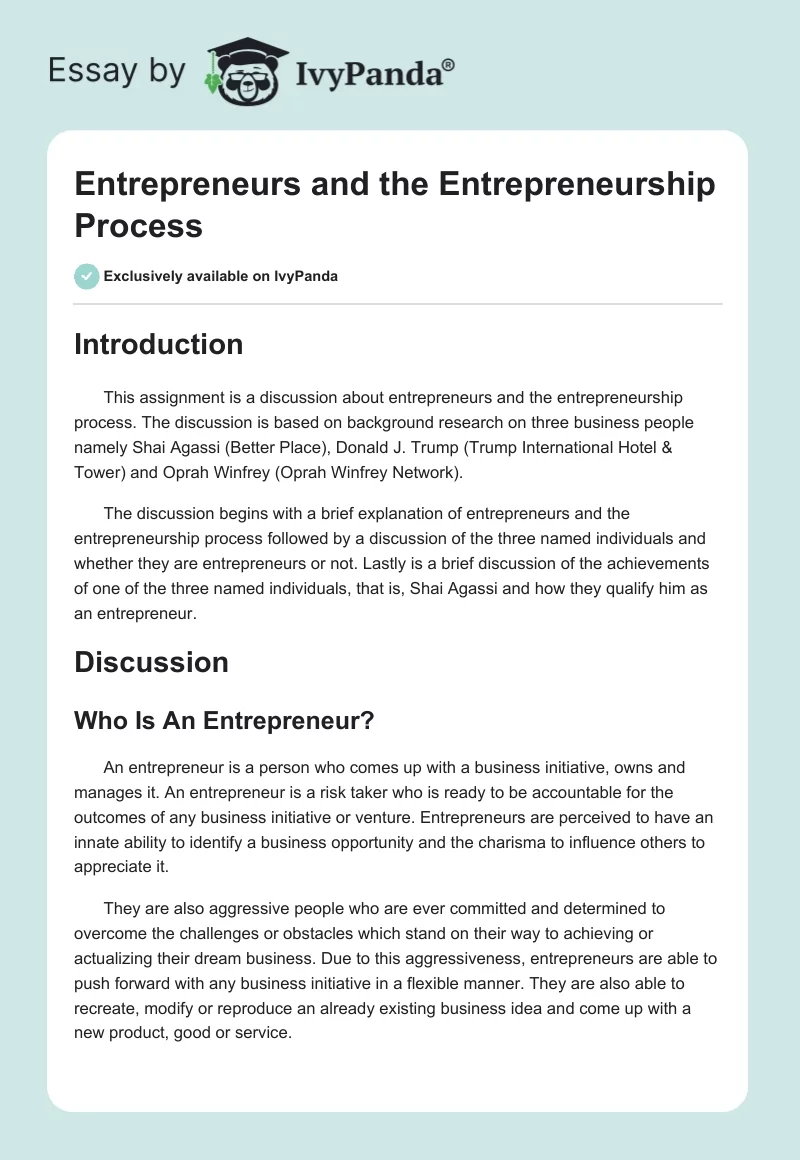 Entrepreneurs and the Entrepreneurship Process. Page 1