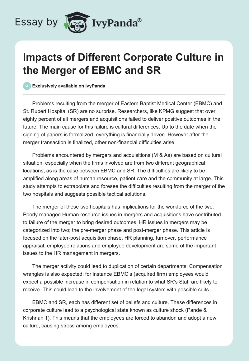 Impacts of Different Corporate Culture in the Merger of EBMC and SR. Page 1
