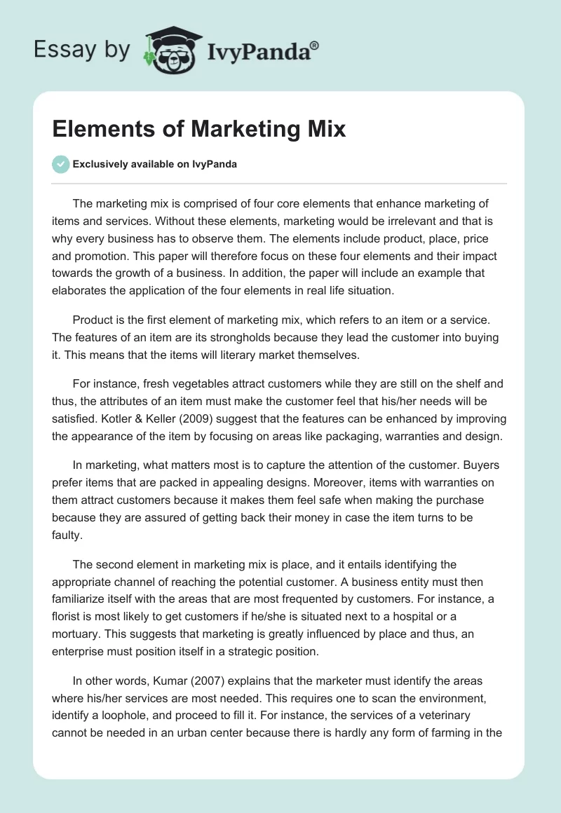 Elements of Marketing Mix. Page 1