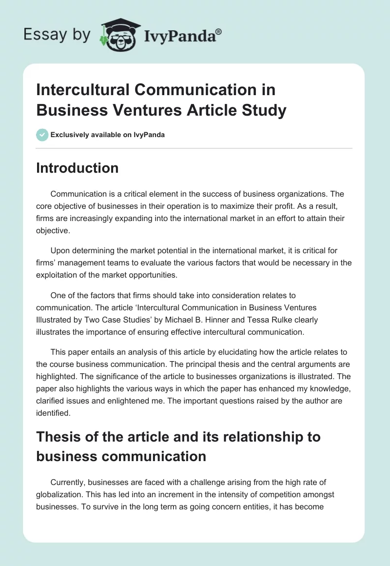 "Intercultural Communication in Business Ventures" Article Study. Page 1