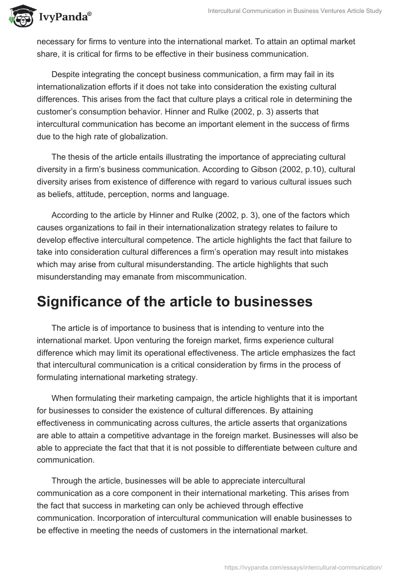 "Intercultural Communication in Business Ventures" Article Study. Page 2