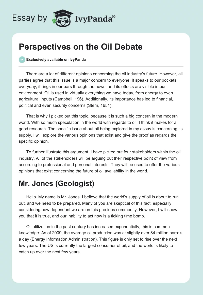 Perspectives on the Oil Debate. Page 1