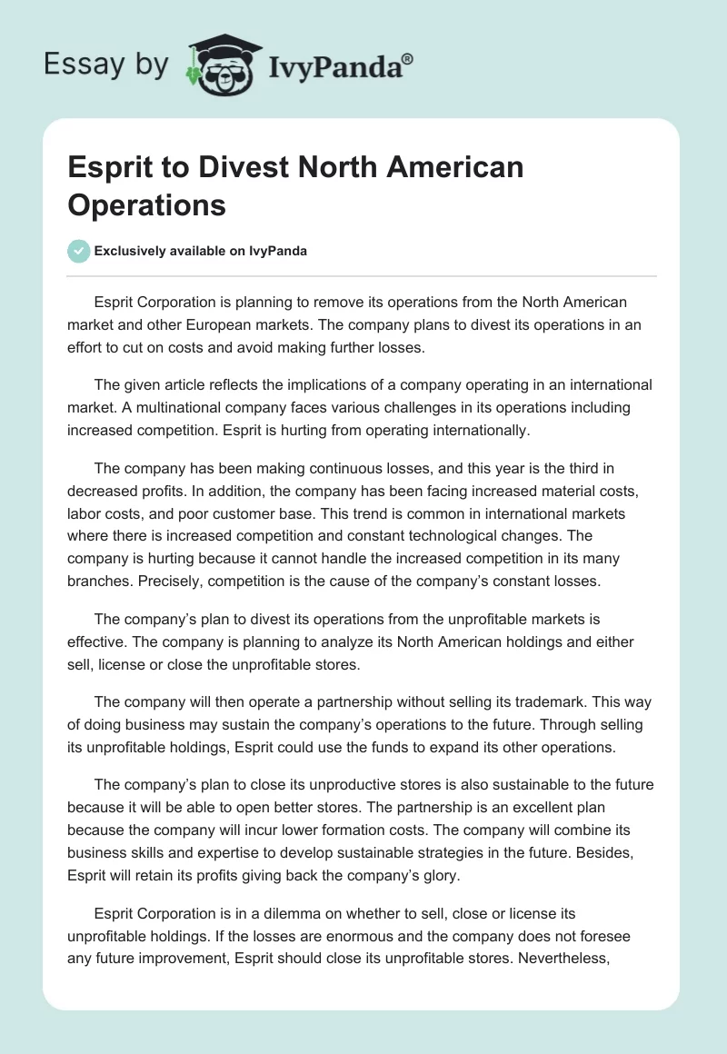 Esprit to Divest North American Operations. Page 1