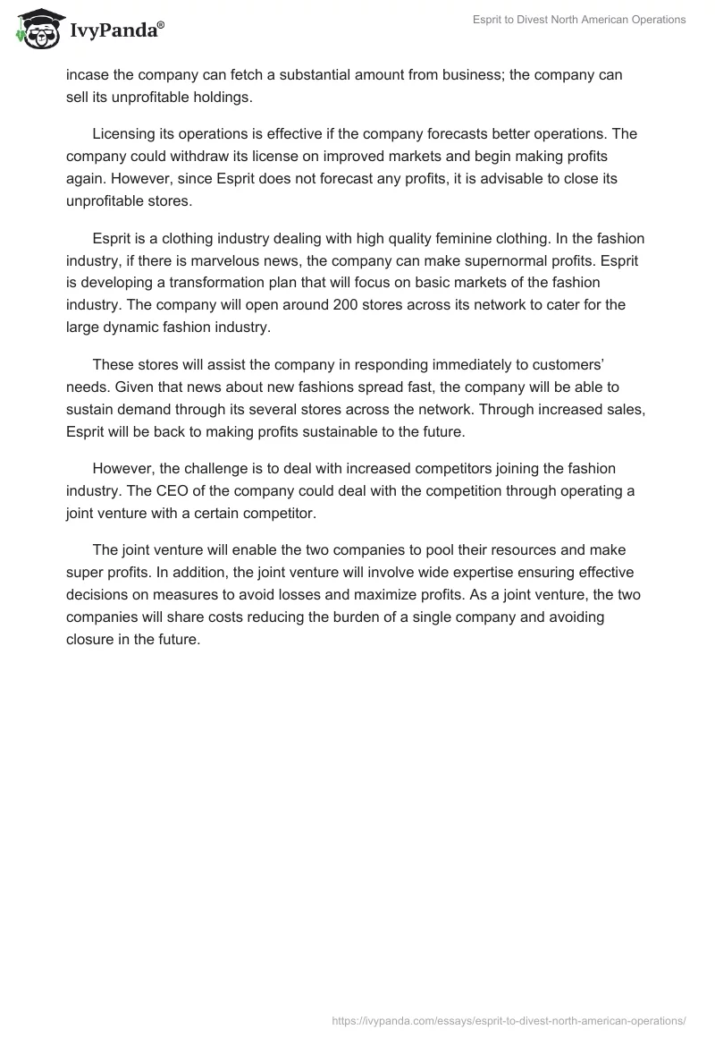 Esprit to Divest North American Operations. Page 2