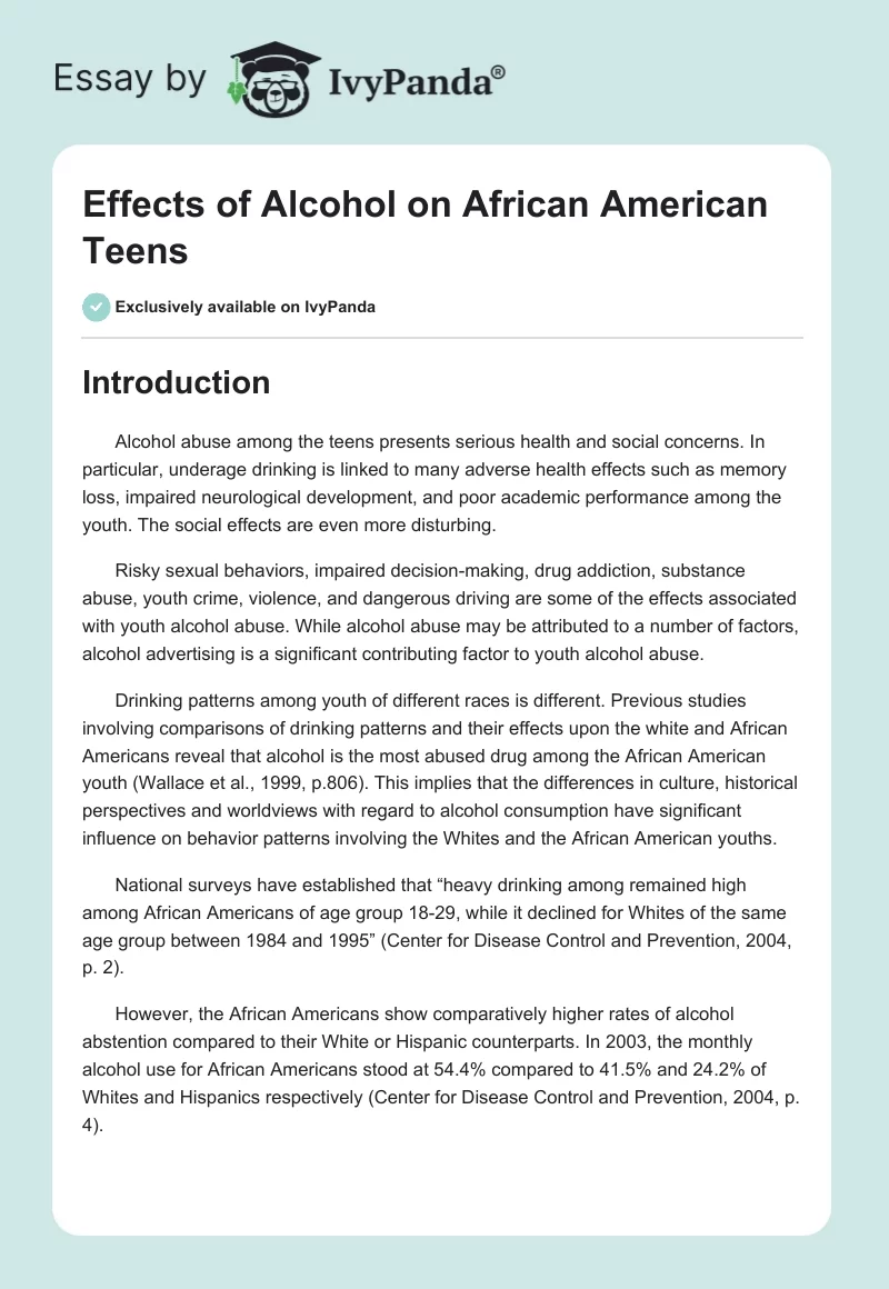 Effects of Alcohol on African American Teens. Page 1