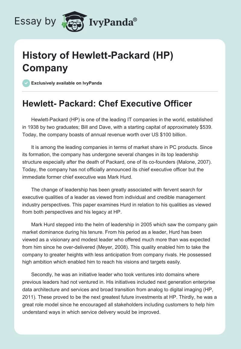 History of Hewlett-Packard (HP) Company. Page 1