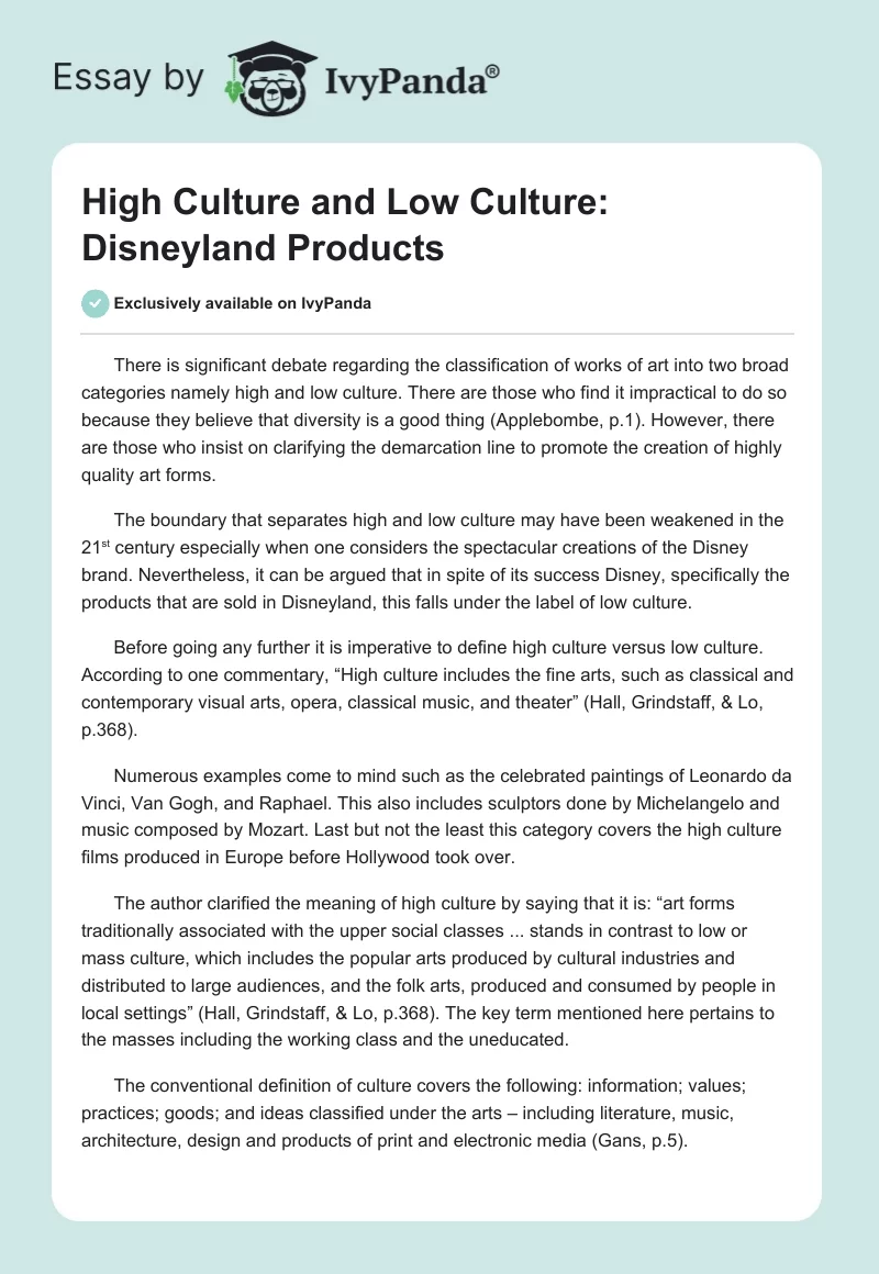 High Culture and Low Culture: Disneyland Products. Page 1