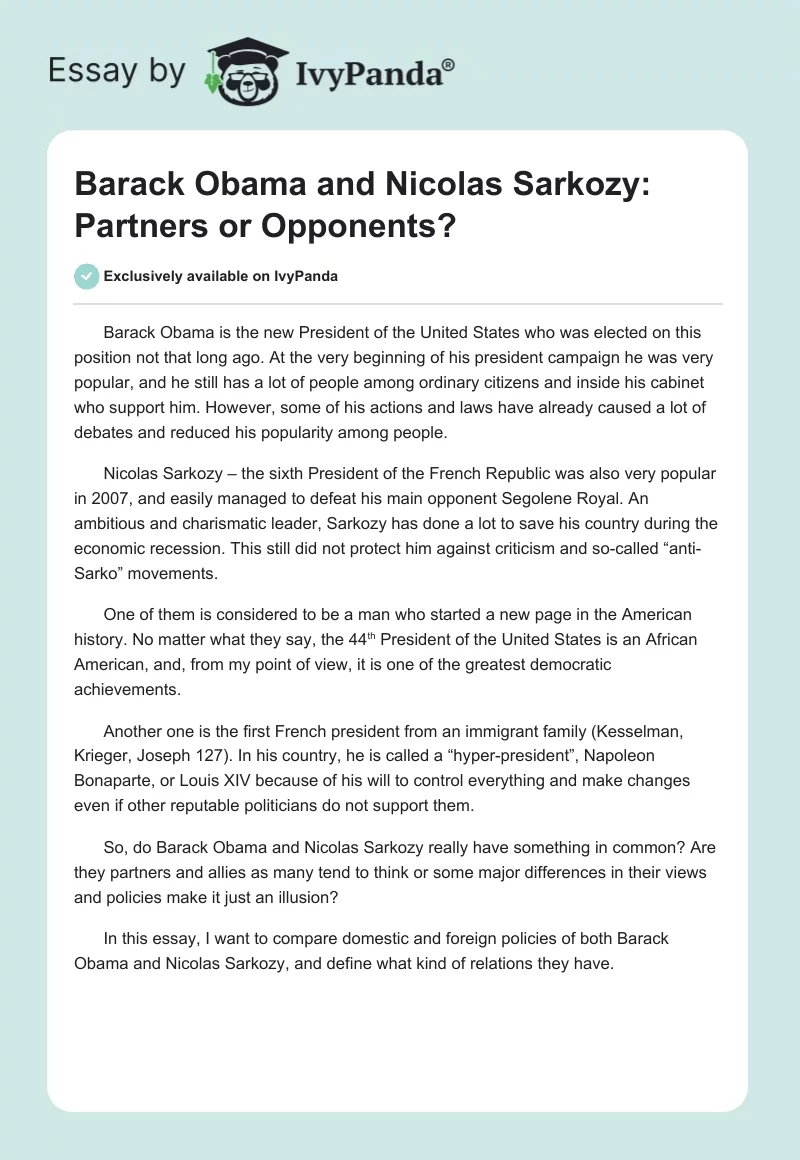 Barack Obama and Nicolas Sarkozy: Partners or Opponents?. Page 1