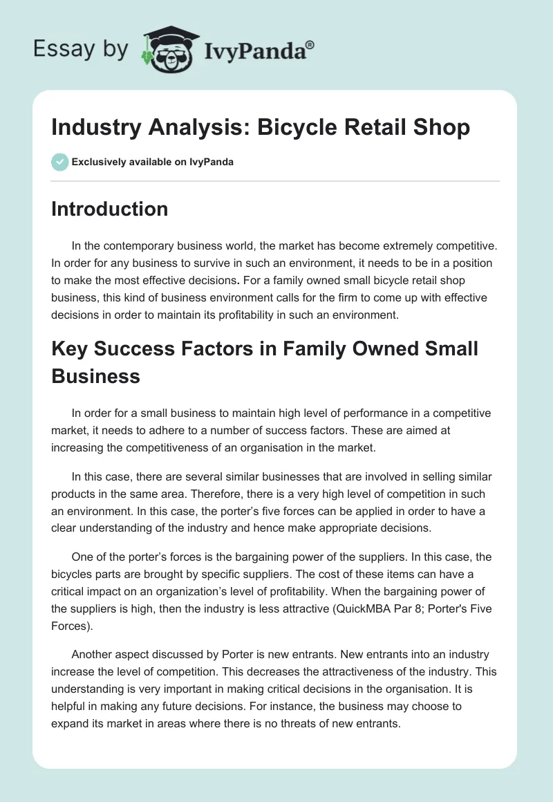 Industry Analysis: Bicycle Retail Shop. Page 1