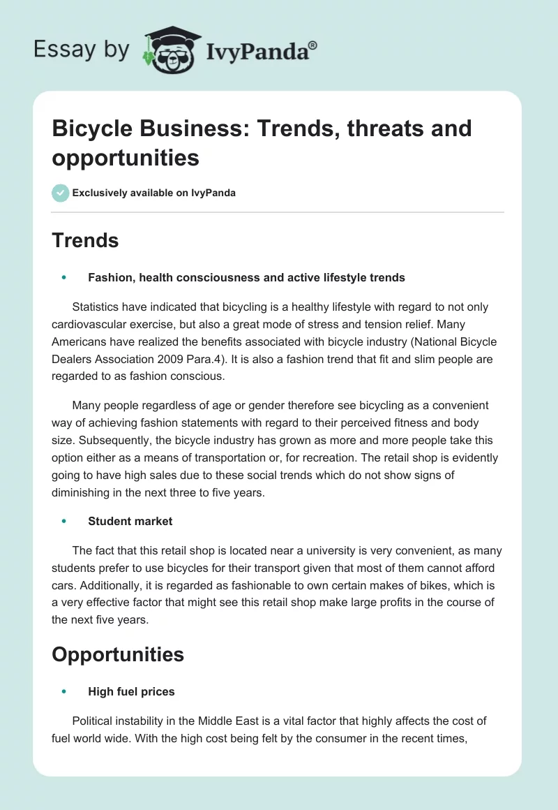 Bicycle Business: Trends, Threats, and Opportunities. Page 1