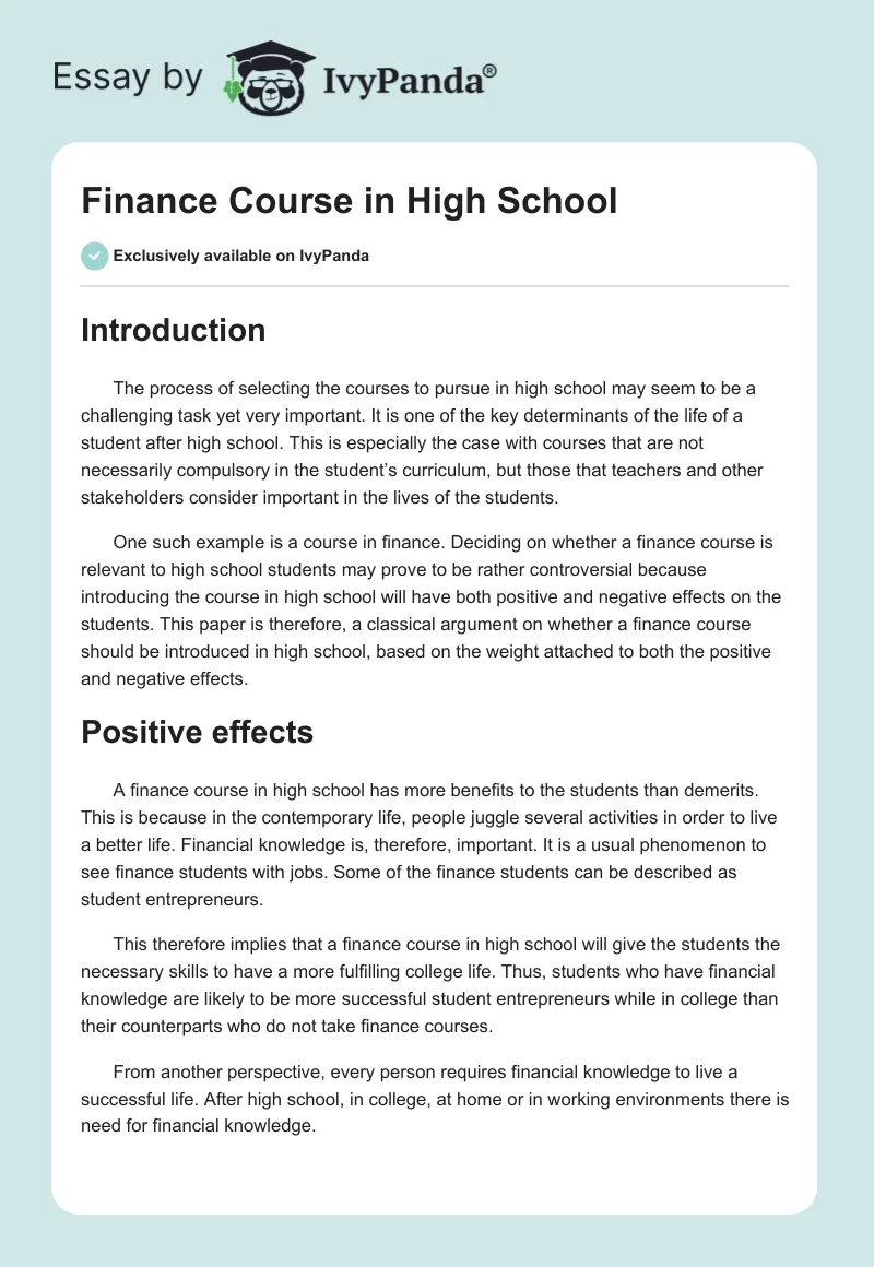Finance Course in High School. Page 1