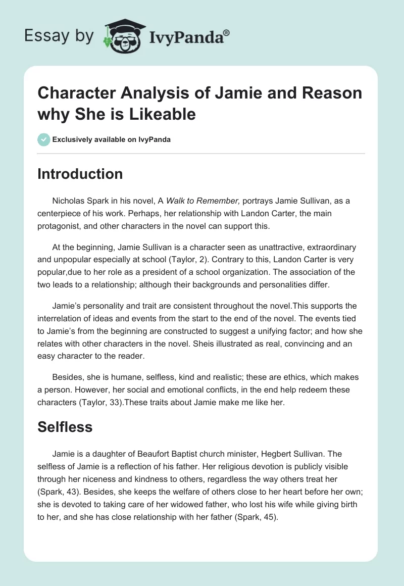 Character Analysis of Jamie and Reason why She is Likeable. Page 1