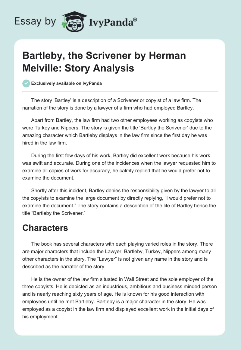 Bartleby, the Scrivener by Herman Melville: Story Analysis. Page 1