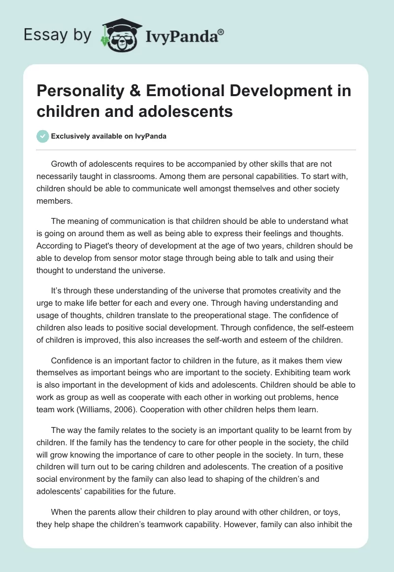 Personality & Emotional Development in Children and Adolescents. Page 1