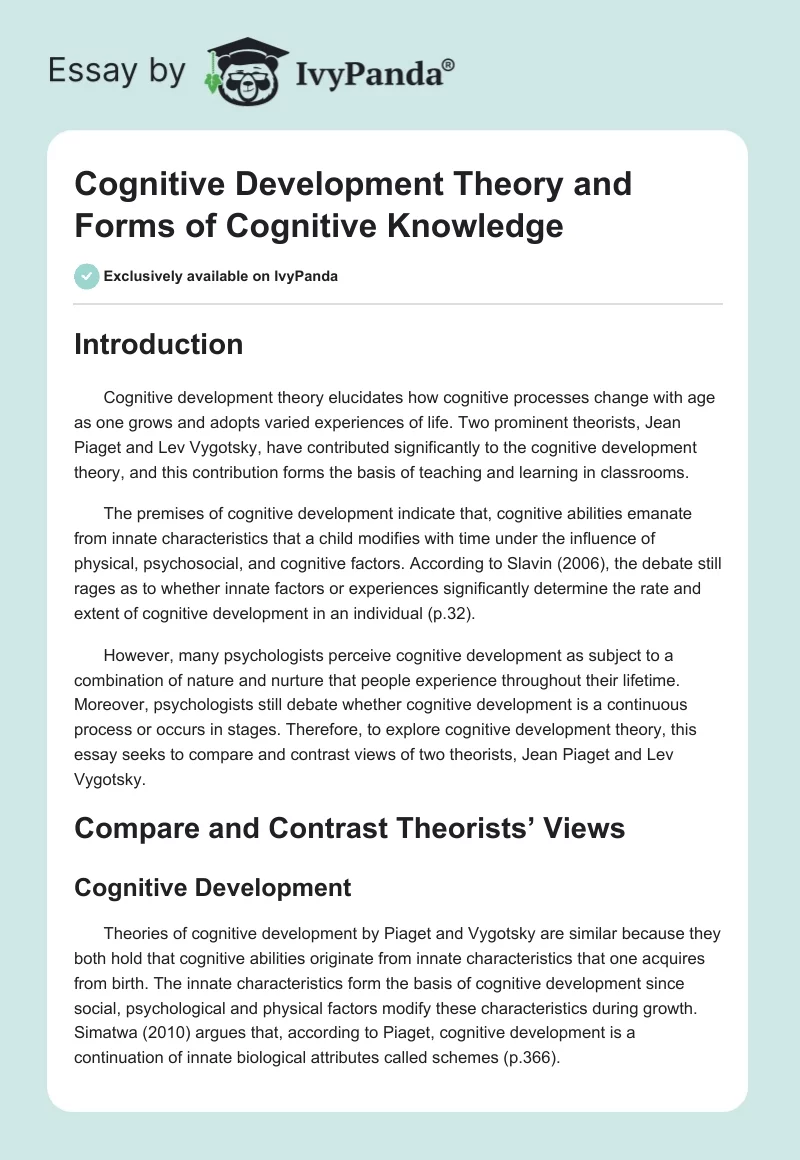 Cognitive Development Theory and Forms of Cognitive Knowledge. Page 1