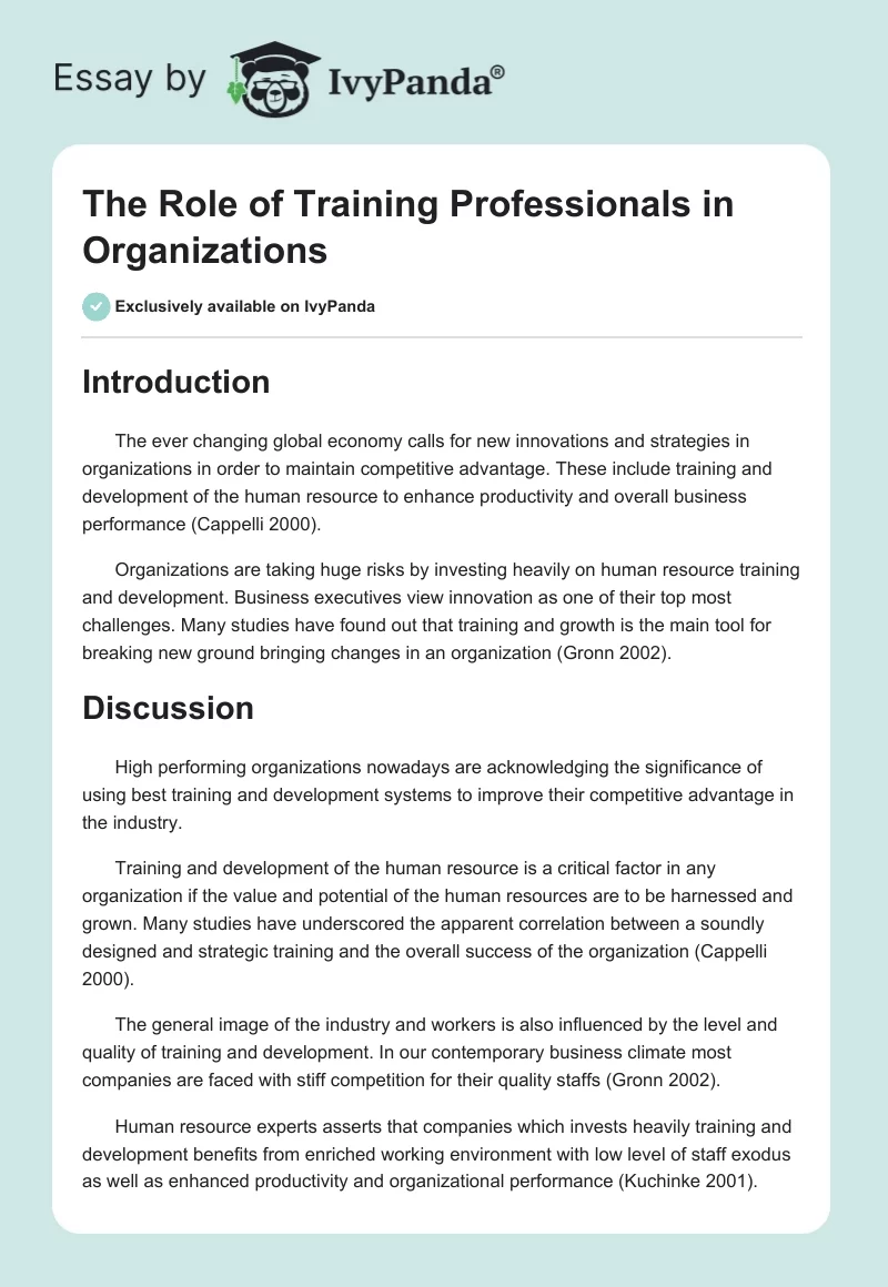 The Role of Training Professionals in Organizations. Page 1