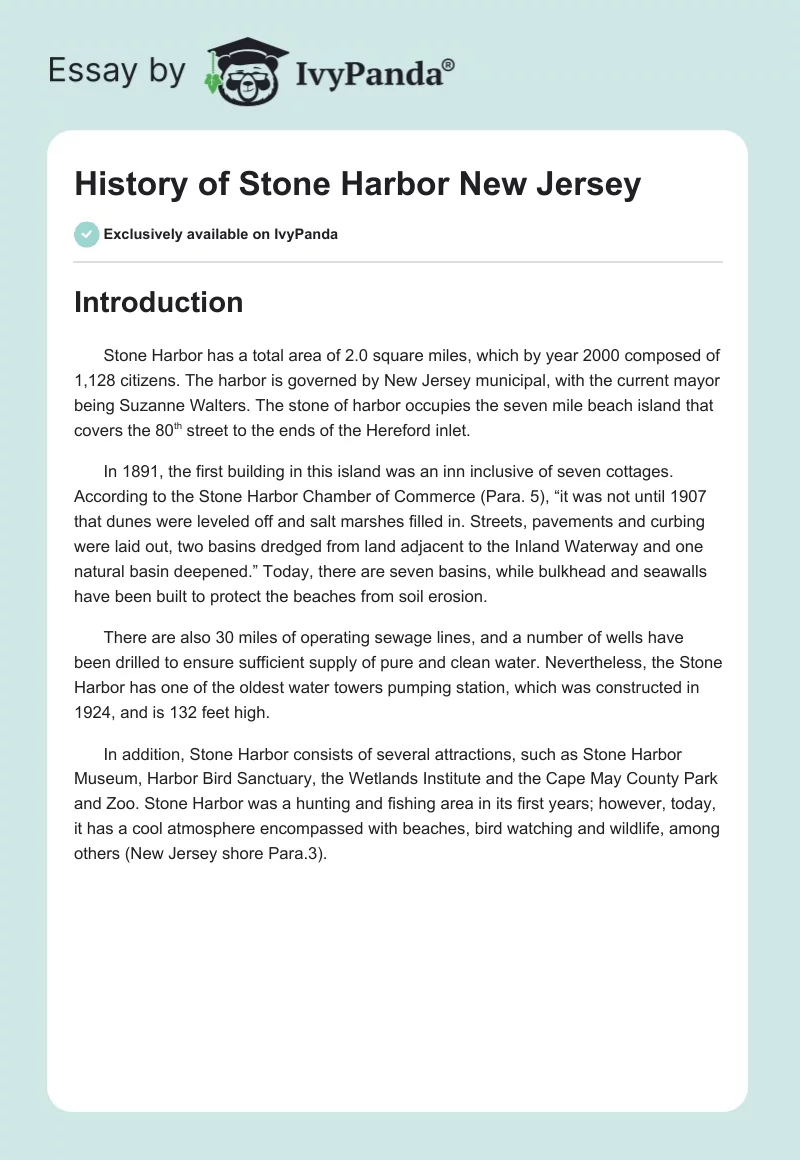 History of Stone Harbor New Jersey. Page 1