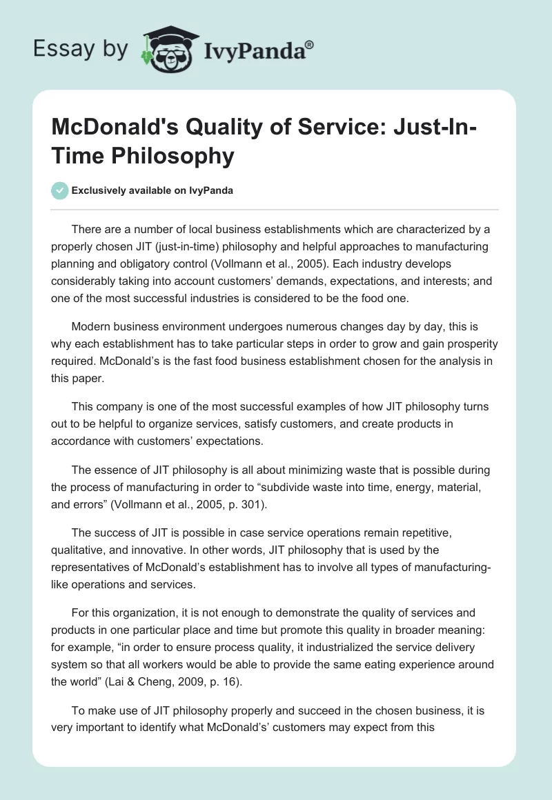 McDonald's Quality of Service: Just-In-Time Philosophy. Page 1