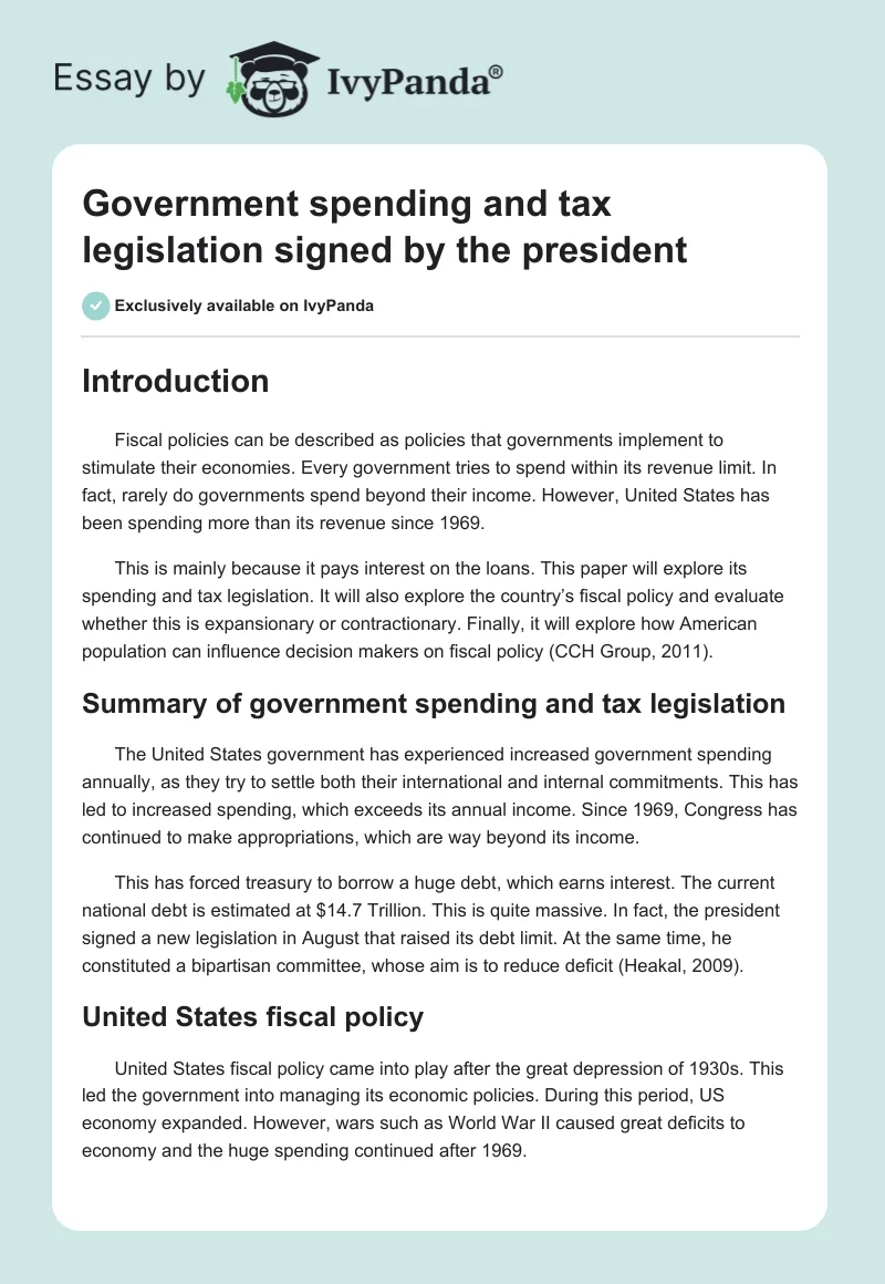 Government Spending and Tax Legislation Signed by the President. Page 1